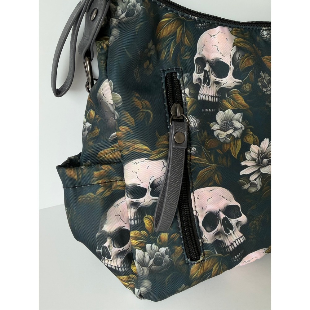 Skull Floral Print Shoulder Bag Medium Black Gothic Grunge Purse - Picture 5 of 9